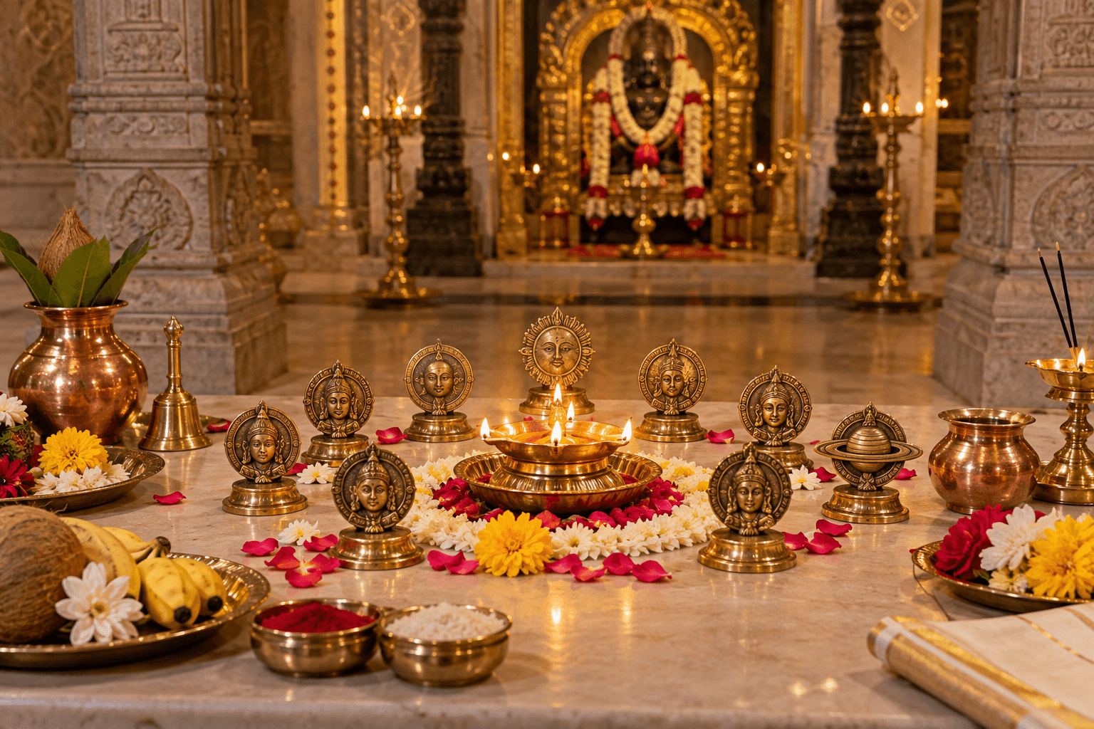दीपक और पूजा सामग्री के साथ नवग्रह शांति पूजा का वेदी दृश्य